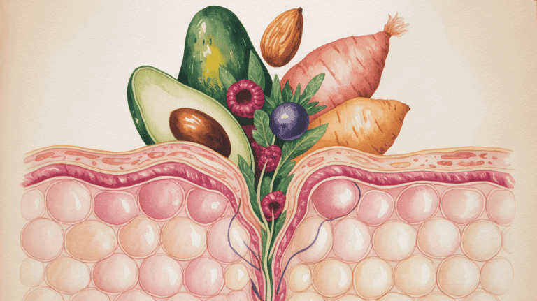 Cross-section of anti-inflammatory foods including avocado, berries, sweet potato, and nuts.