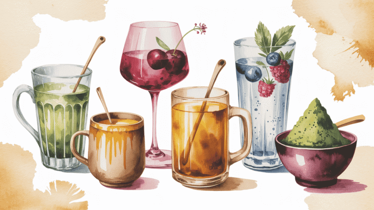Healthy anti-inflammatory drinks with berries, greens, and herbal infusions.