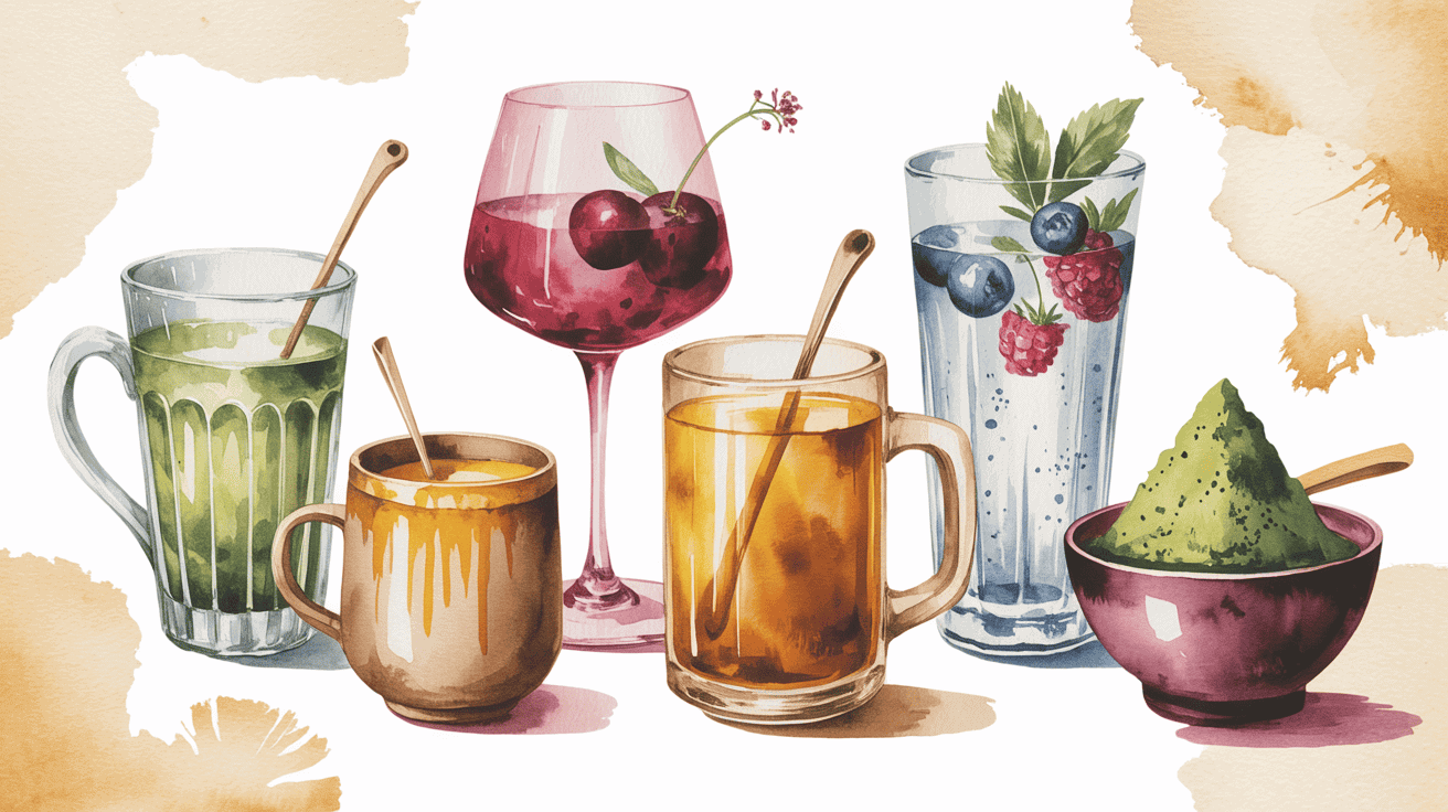 Healthy anti-inflammatory drinks with berries, greens, and herbal infusions.