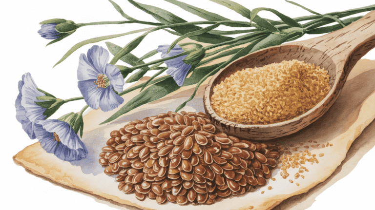 Flaxseeds and blue flowers on a white background for anti-inflammatory diet.
