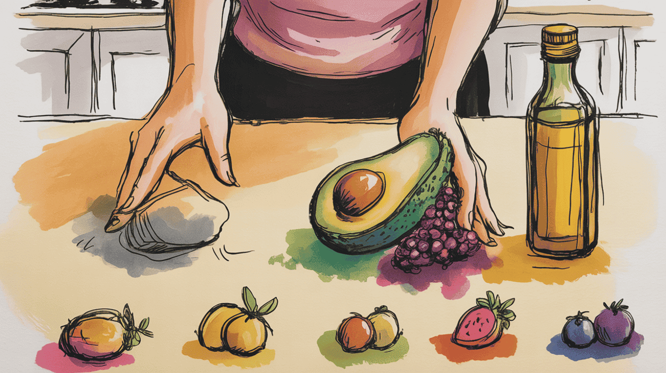 Healthy avocado and colorful fruits promoting anti-inflammatory benefits.