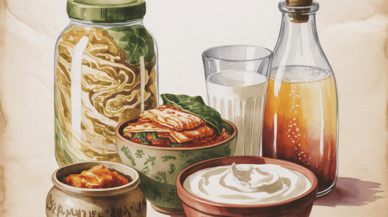 Assorted anti-inflammatory foods including fermented vegetables, herbal tea, and yogurt for gut heal.