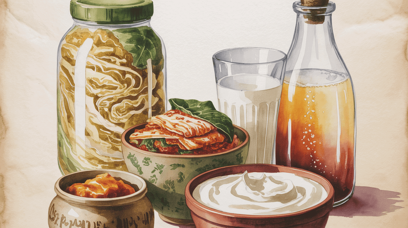 Assorted anti-inflammatory foods including fermented vegetables, herbal tea, and yogurt for gut heal.