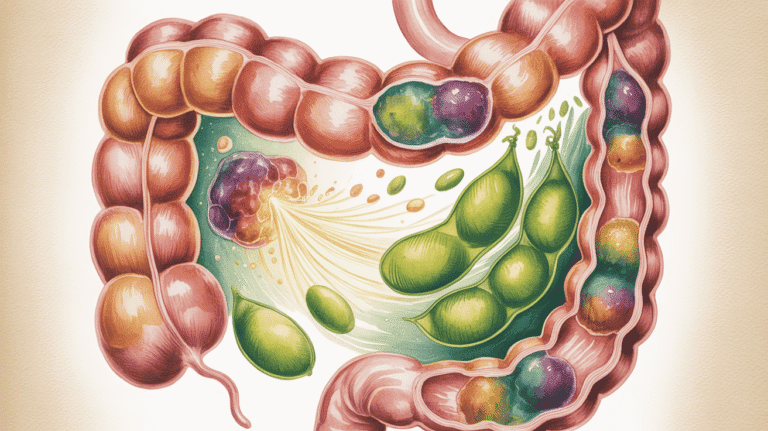 Detailed illustration of gut inflammation and anti-inflammatory foods in the digestive system.