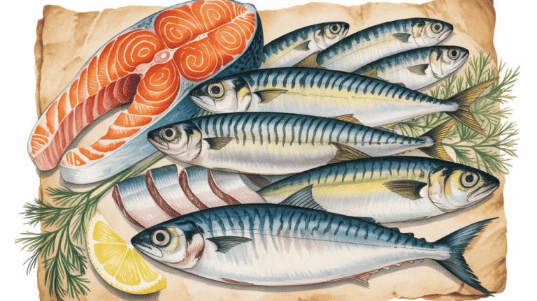 Fresh fish variety including salmon, mackerel, and sardines, highlighting anti-inflammatory omega-3.