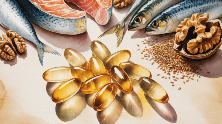 Fresh fish, walnuts, and omega-3 capsules promoting anti-inflammatory health benefits.