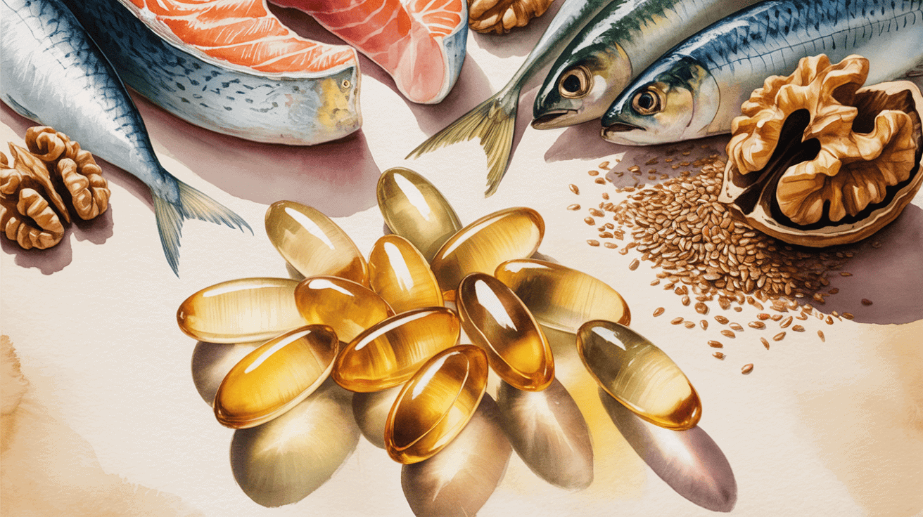 Fresh fish, walnuts, and omega-3 capsules promoting anti-inflammatory health benefits.