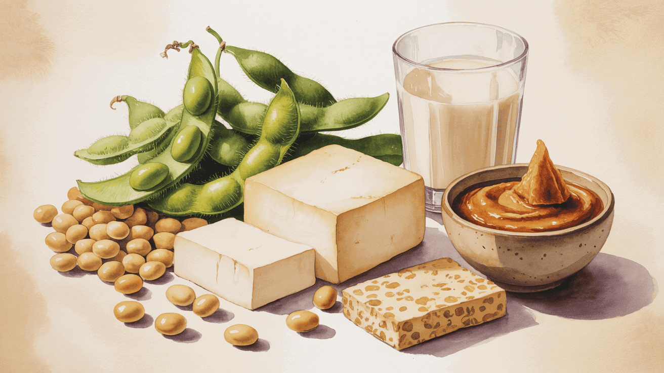 Fresh soybeans, tofu, and peanut butter for anti-inflammatory diet.