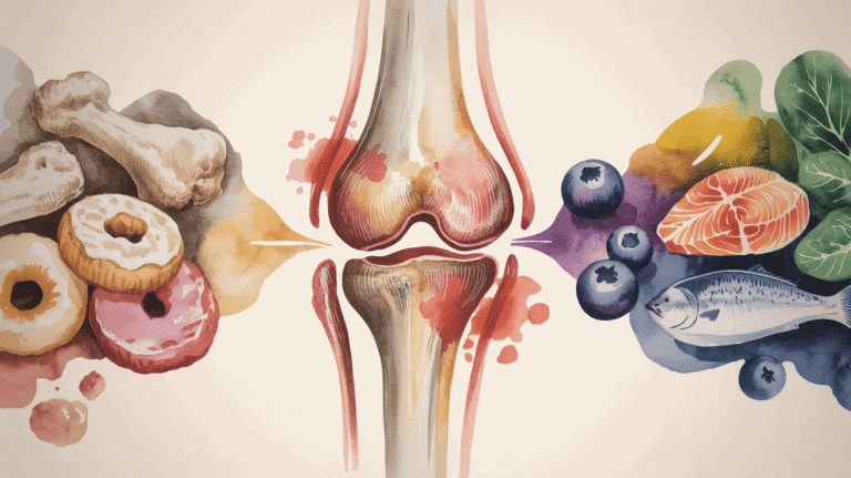 Illustration of inflamed joint with anti-inflammatory foods like berries and fish.