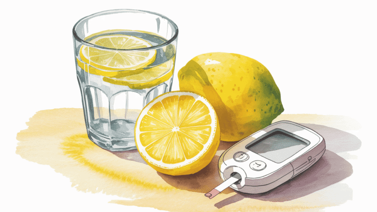 Glass of lemon water with a lemon and glucose meter for anti-inflammatory health benefits.