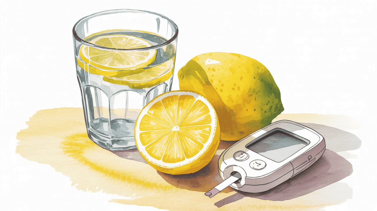 Glass of lemon water with a lemon and glucose meter for anti-inflammatory health benefits.