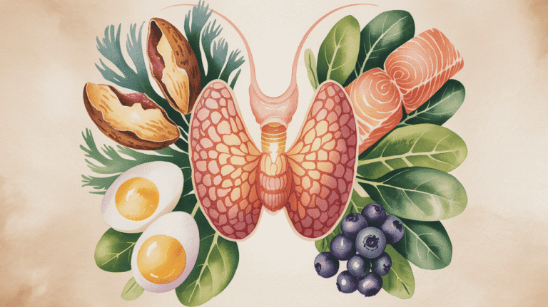 Illustration of anti-inflammatory foods including salmon, berries, eggs, and leafy greens for gut he.