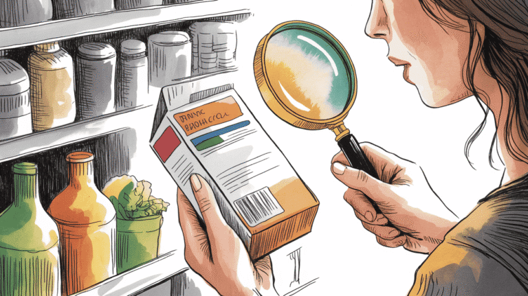 Woman inspecting supplement bottles with magnifying glass for anti-inflammatory health benefits.