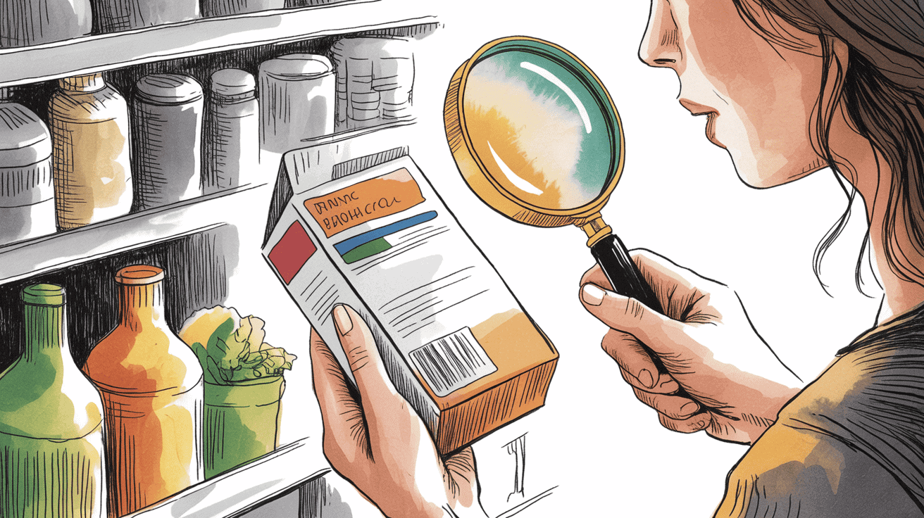 Woman inspecting supplement bottles with magnifying glass for anti-inflammatory health benefits.