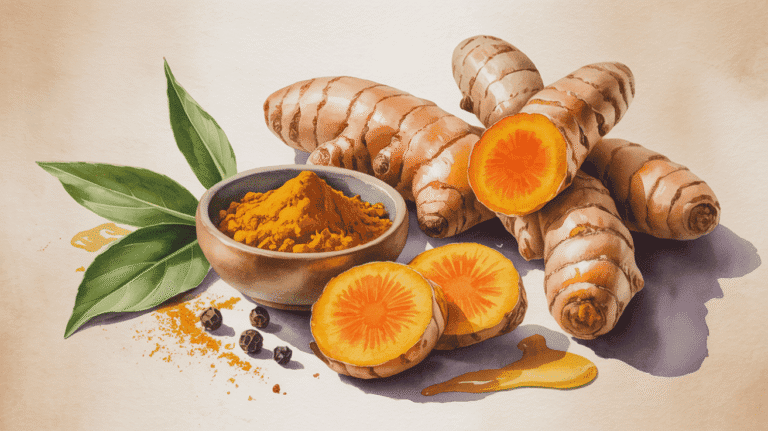 Fresh turmeric roots with sliced pieces and turmeric powder for anti-inflammatory health benefits.