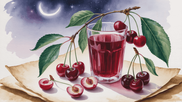 Glass of cherry juice with fresh cherries and leaves, night scene with moonlight.