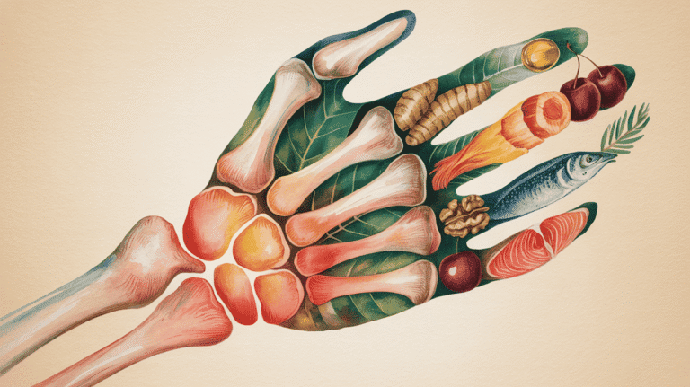 Illustration of anti-inflammatory foods and herbs on a hand model.