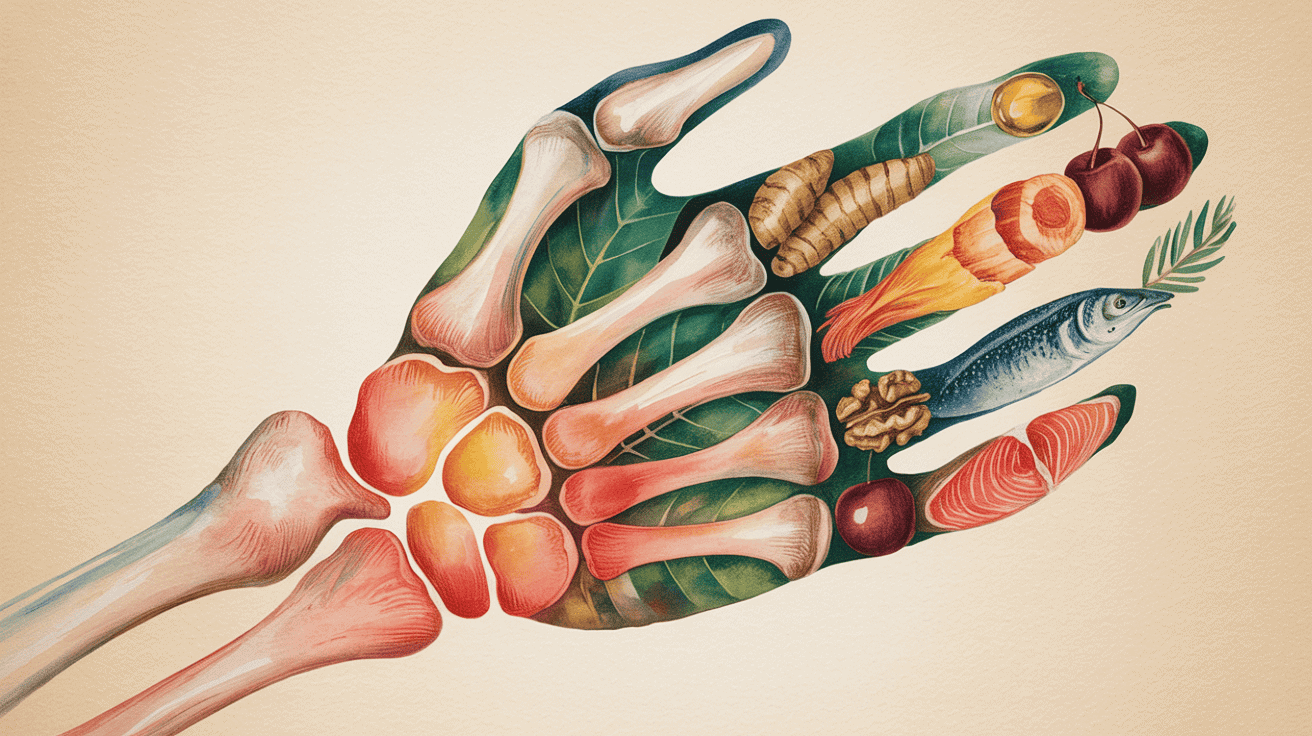 Illustration of anti-inflammatory foods and herbs on a hand model.