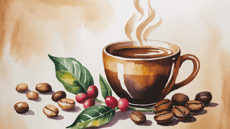 Coffee cup with steaming coffee, surrounded by coffee beans and green leaves, emphasizing anti-infla.
