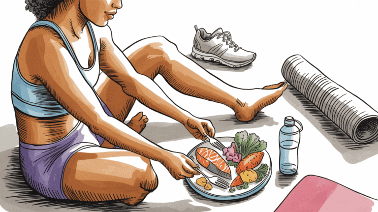 Woman stretching after workout with healthy anti-inflammatory foods and water.