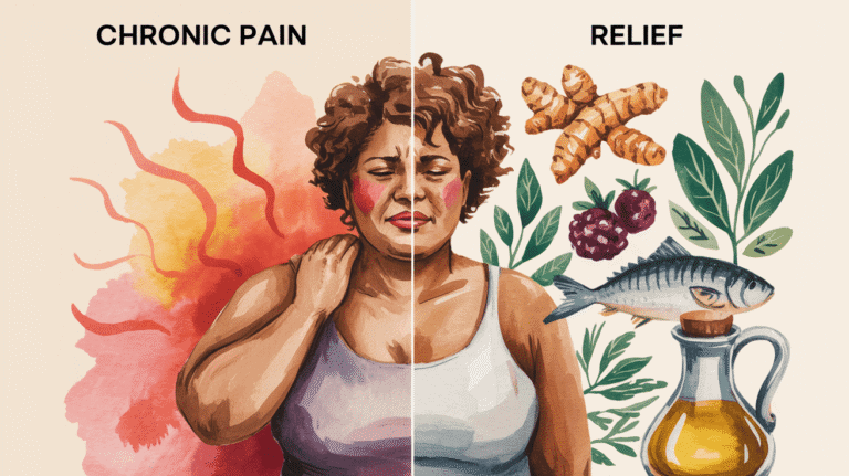 Woman experiencing chronic pain and relief through anti-inflammatory foods and diet.