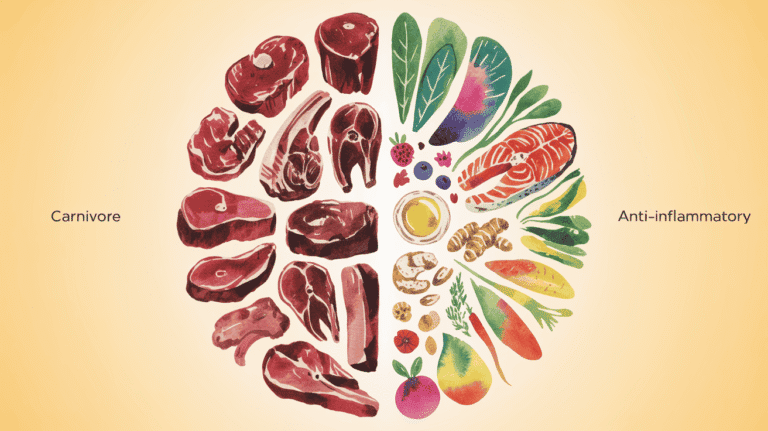 Beef cuts and anti-inflammatory foods like vegetables and herbs for a healthy diet.