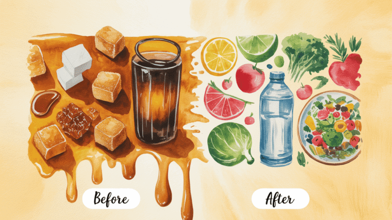Before and after sugar reduction with healthy foods for anti-inflammatory diet.