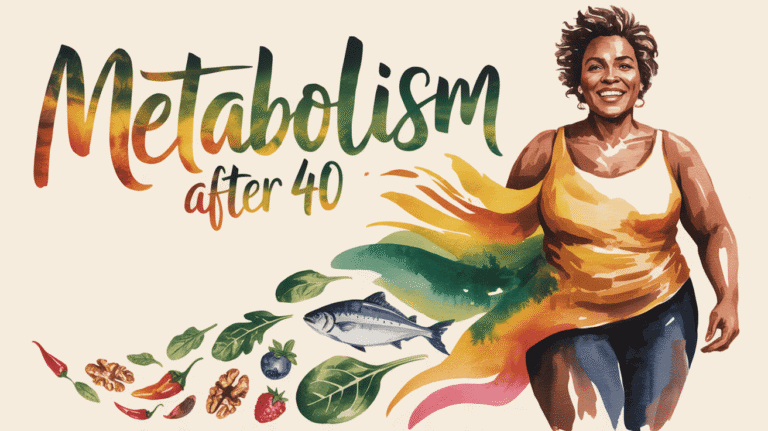 Woman smiling with healthy foods promoting metabolism after 40.