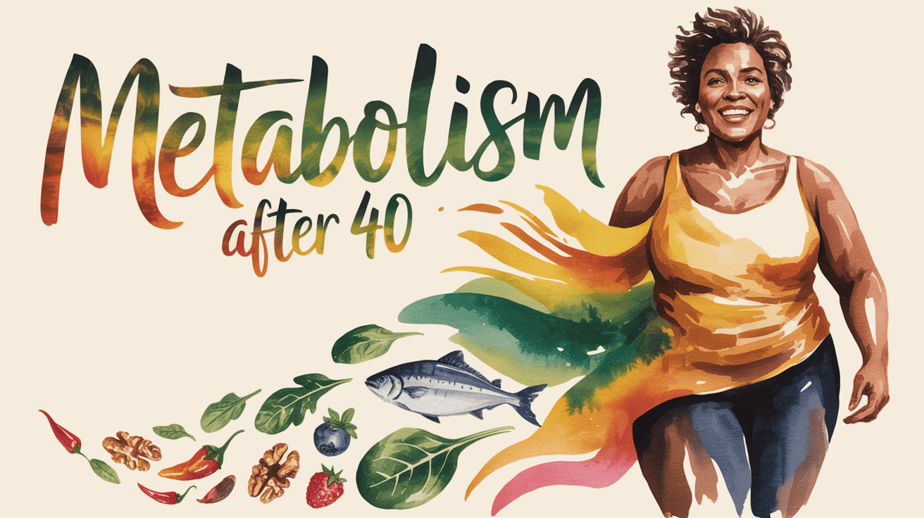 Woman smiling with healthy foods promoting metabolism after 40.