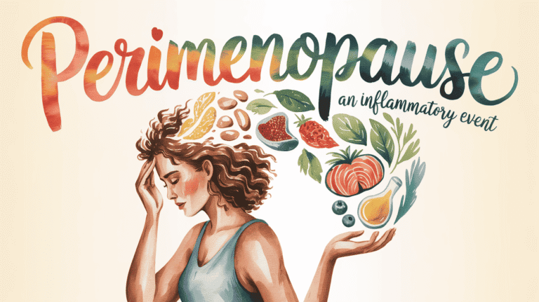 Woman experiencing perimenopause with inflamed symptoms, promoting anti-inflammatory diet awareness.