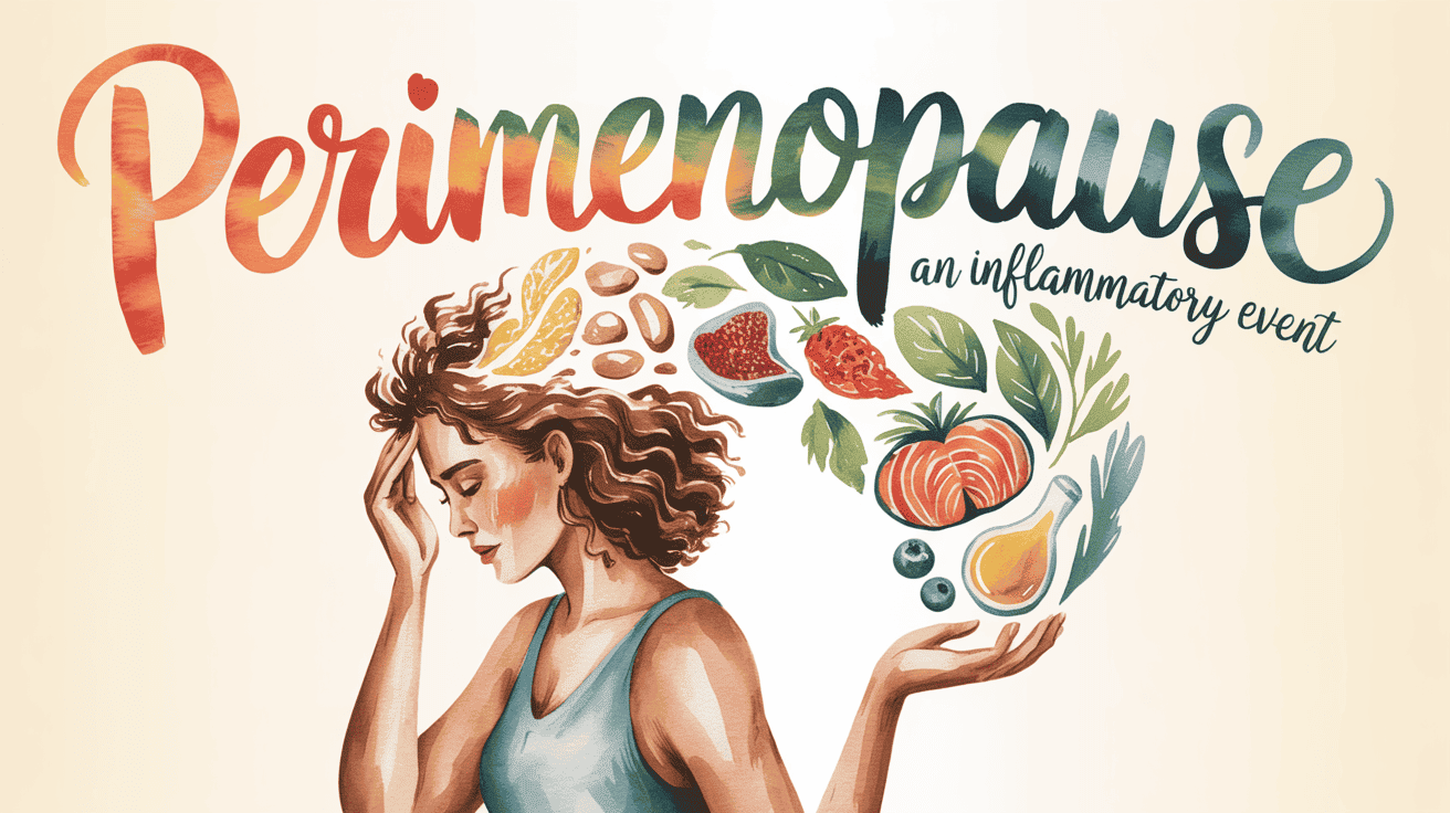 Woman experiencing perimenopause with inflamed symptoms, promoting anti-inflammatory diet awareness.