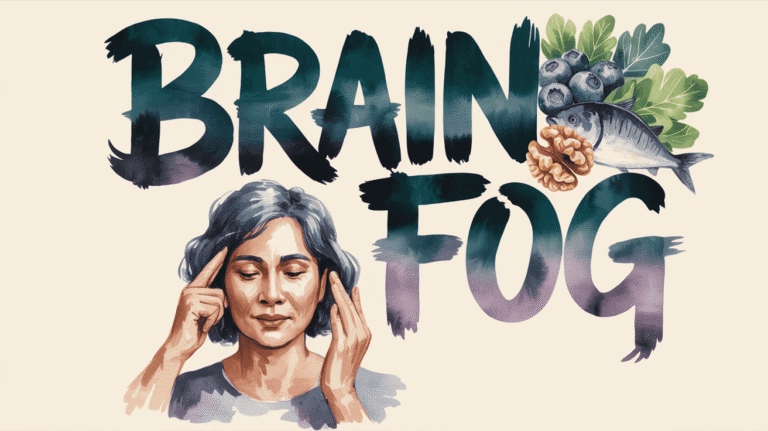 Woman experiencing mental clarity with anti-inflammatory foods like berries, fish, and leafy greens.