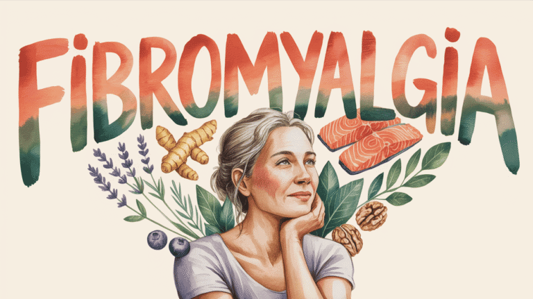 Woman with fibromyalgia surrounded by anti-inflammatory foods and herbs.