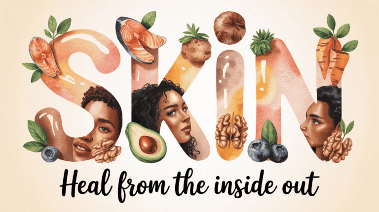 Assorted anti-inflammatory foods including salmon, nuts, berries, and vegetables with diverse women.