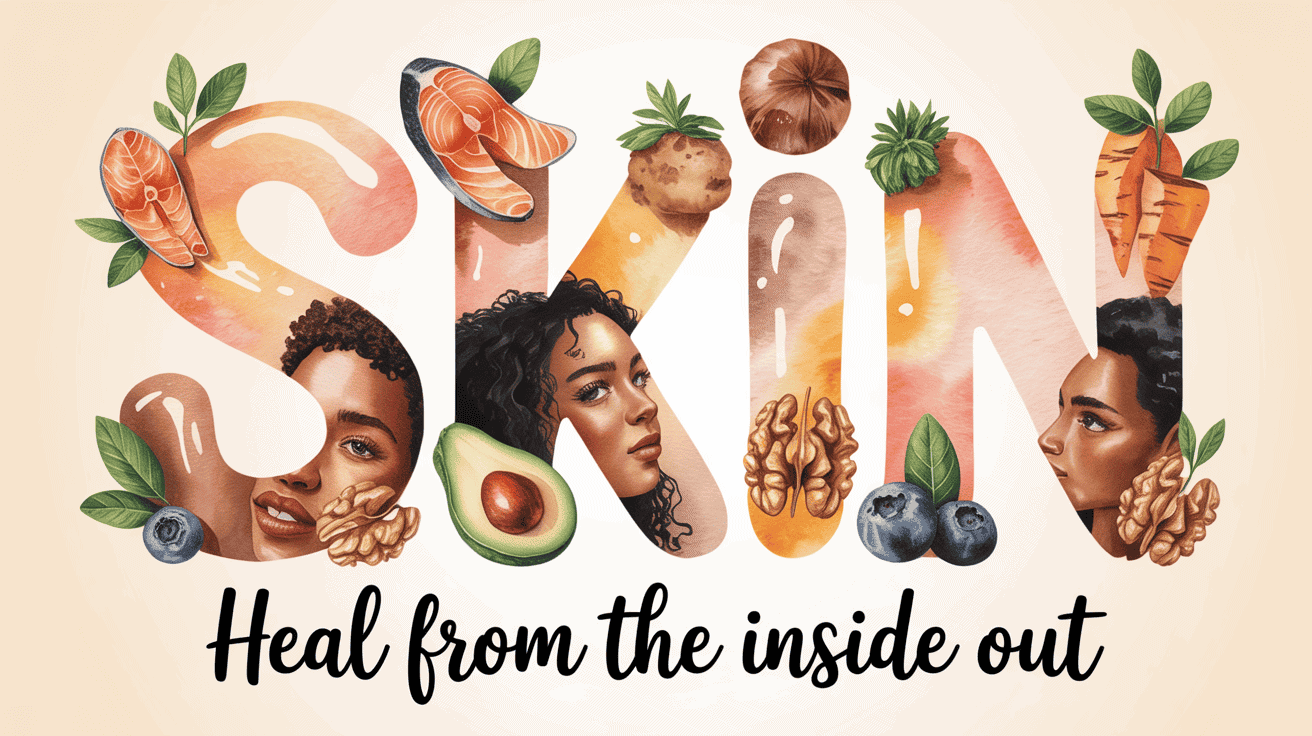 Assorted anti-inflammatory foods including salmon, nuts, berries, and vegetables with diverse women.